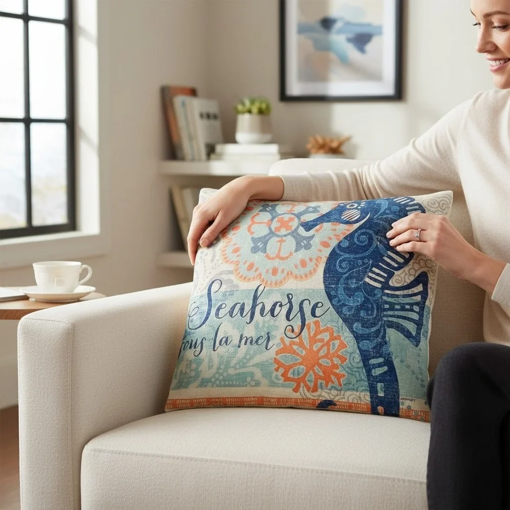 Coastal Sea Life Throw Pillow Covers Set of 4 Blue Orange Nautical 17.5x17.5 NWT